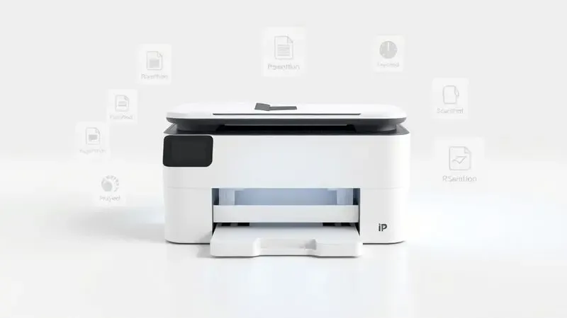 Ilustração 3D de uma impressora moderna cercada por ícones flutuantes que representam qualidade, gramatura de papel e velocidade de impressão.