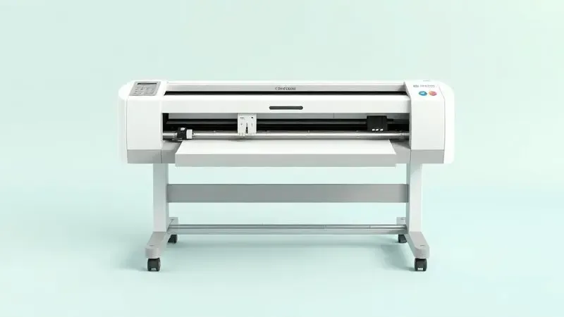 Ilustração 3D conceitual de uma máquina plotter moderna destacando seus componentes principais para auxiliar na escolha do modelo ideal.