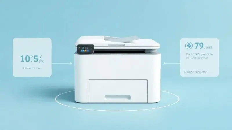 Ilustração 3D conceitual mostrando critérios para escolher uma boa impressora com design minimalista e formas abstratas.