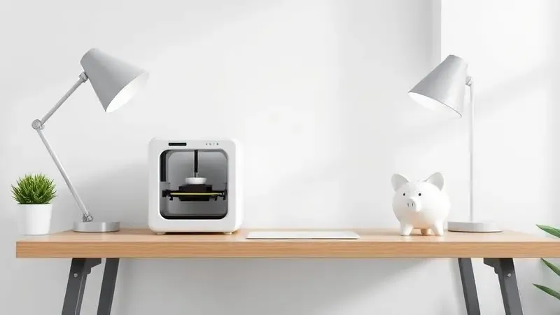 Representação artística de uma impressora 3D econômica em um ambiente de escritório moderno, focando em acessibilidade.