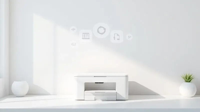 Representação em 3D de um ambiente de trabalho com ícones abstratos simbolizando critérios de escolha para uma nova impressora.