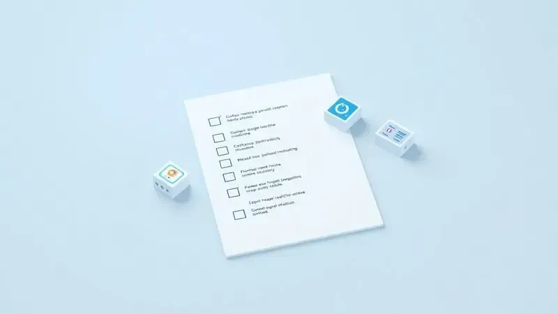 Ilustração 3D minimalista representando uma lista de especificações e ícones de tecnologia em tons neutros.