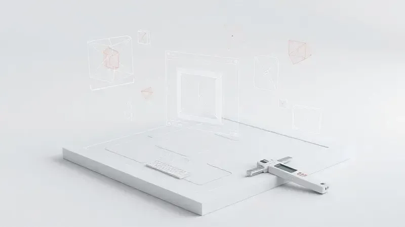 Ilustração 3D conceitual de uma interface de design CAD com elementos geométricos e ferramentas de medição flutuando.