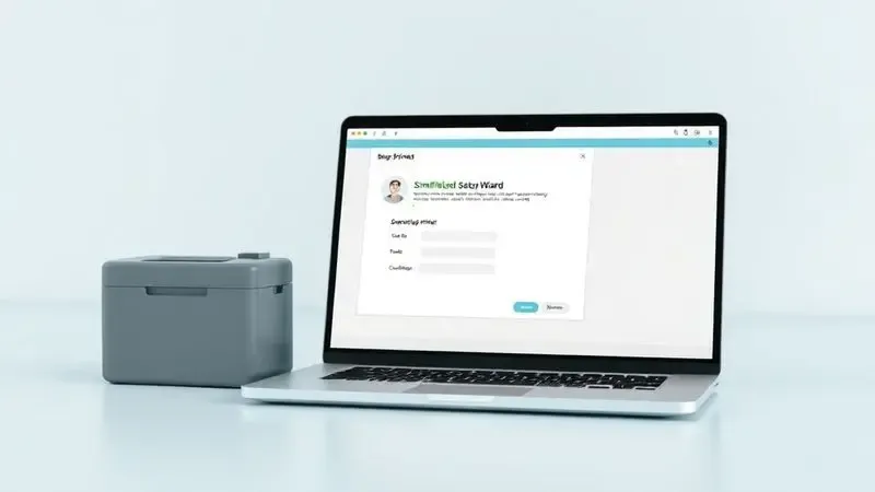 Ilustração artística de um notebook exibindo uma interface de configuração ao lado de uma impressora de etiquetas estilizada.