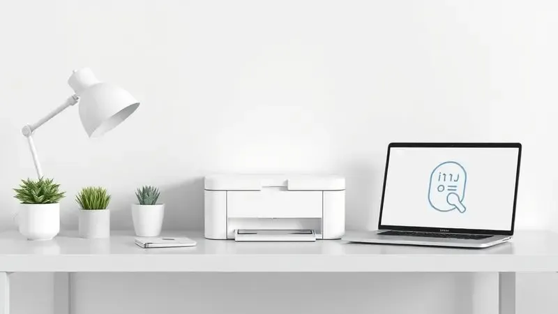 Representação 3D de um ambiente de trabalho com um notebook e uma impressora em processo de configuração.