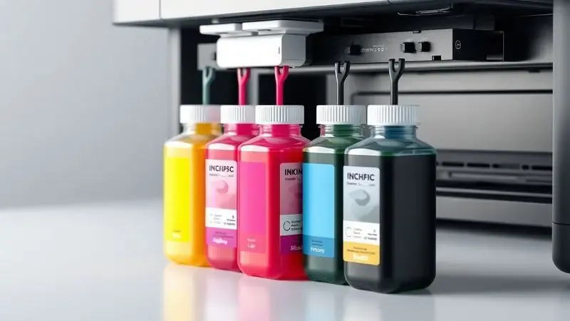 Ilustração 3D conceitual de frascos de tinta genéricos recarregando um sistema de tanque de impressora de forma limpa.