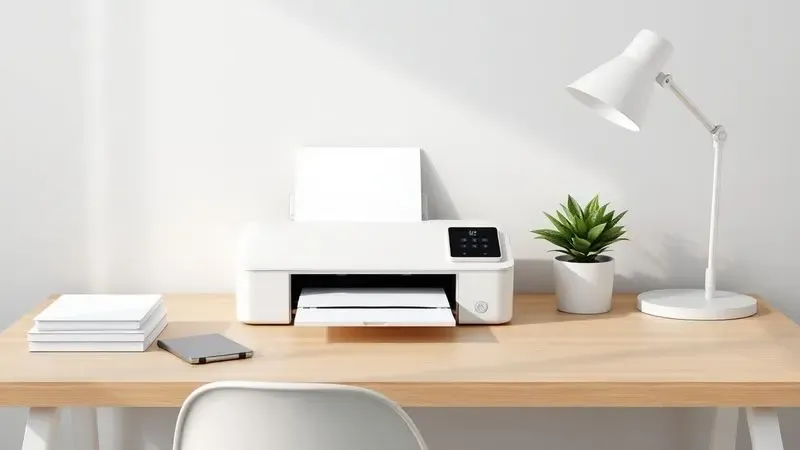 Escritório moderno e organizado com uma impressora genérica e minimalista sobre a mesa de madeira clara.