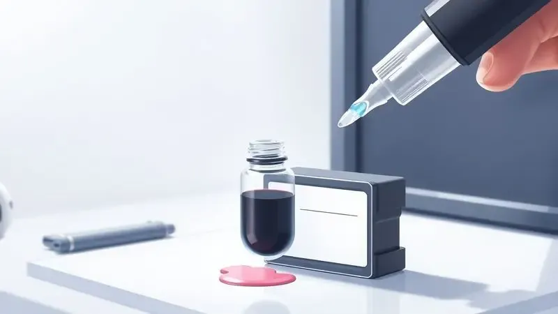 Ilustração artística mostrando elementos de recarga de cartucho como frascos de tinta e precisão.