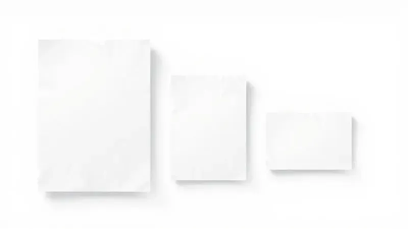 Representação visual de diversas folhas de papel fotográfico em diferentes tamanhos e espessuras organizadas de forma clean.