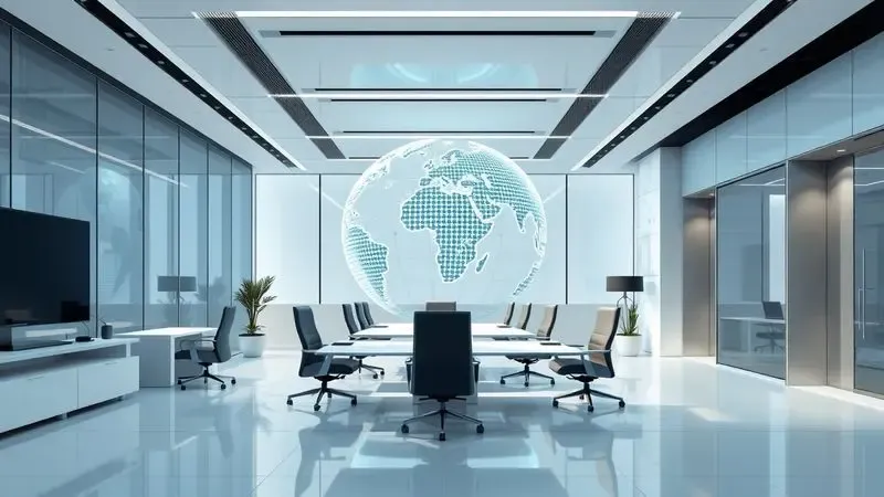 Ilustração digital realista representando o legado e a presença global de uma marca de tecnologia em um ambiente corporativo moderno.