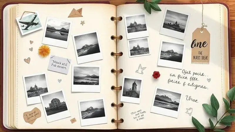 Ilustração digital de um álbum de recortes criativo com fotos impressas termicamente e anotações de viagem.