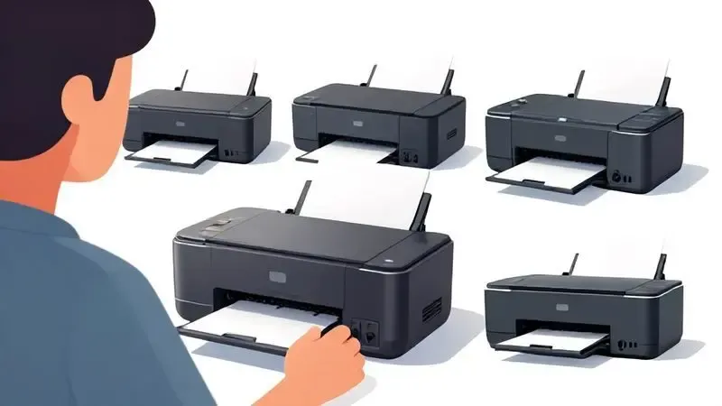 Ilustração conceitual de identificação de modelo de impressora em ambiente de trabalho limpo