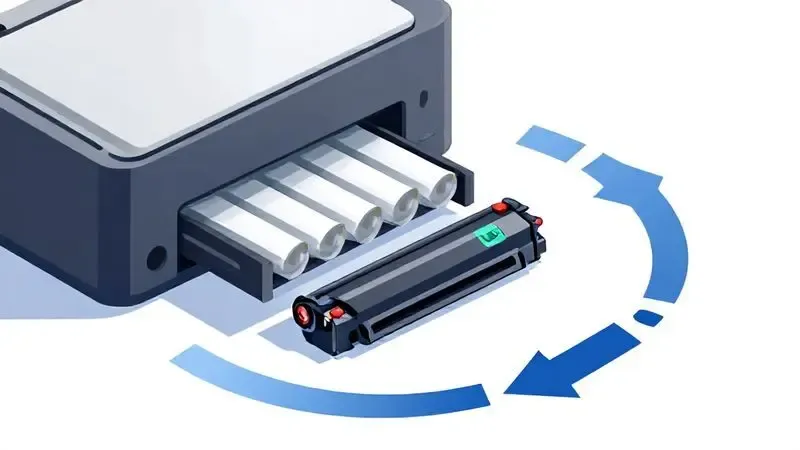 Ilustração conceitual de processo de reciclagem e sustentabilidade de cartuchos de impressora