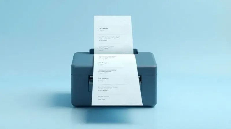 Ilustração 3D de uma impressora térmica moderna emitindo um comprovante de pedido para entrega.