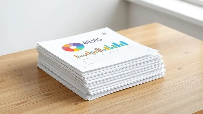 Pilha de documentos impressos com gráficos coloridos e nítidos em uma mesa de escritório minimalista.