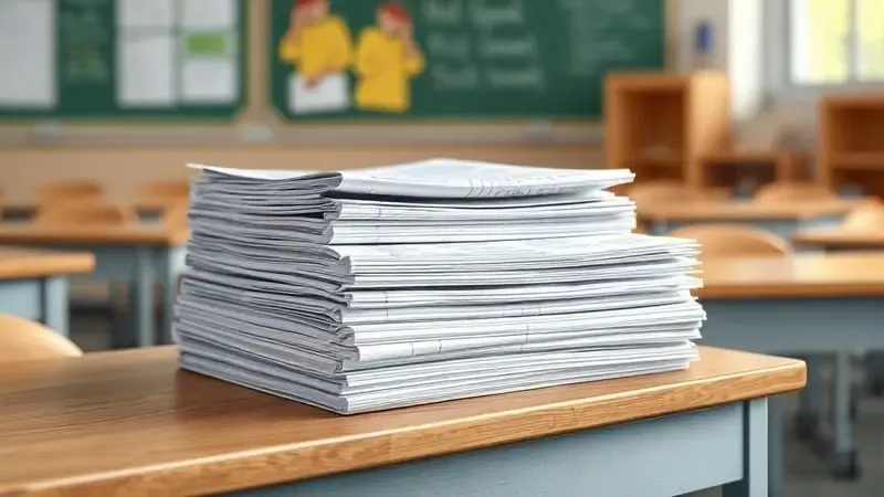 Pilha de folhas de exercícios e materiais escolares impressos sobre uma mesa de madeira em sala de aula, demonstrando utilidade pedagógica.