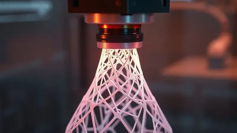 Renderização 3D de um bocal de impressora criando uma estrutura abstrata complexa para representar o processo de criação digital.