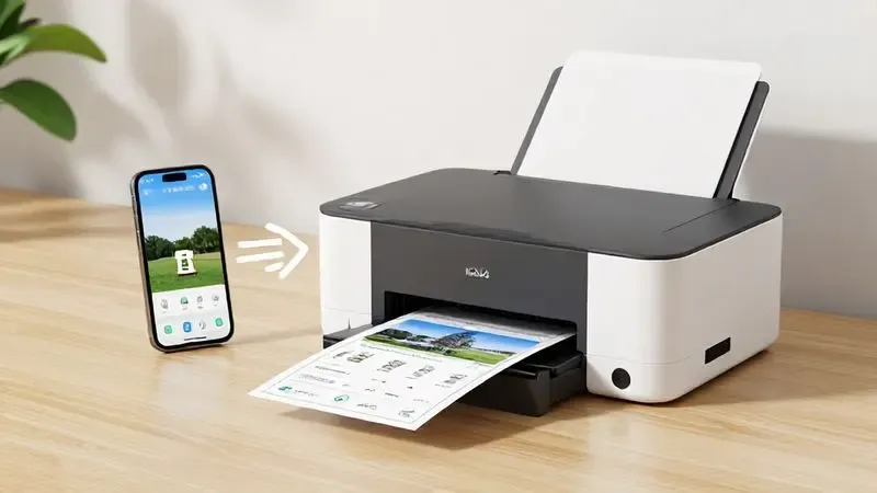 Conceito de impressão remota com smartphone enviando trabalho para impressora em local diferente