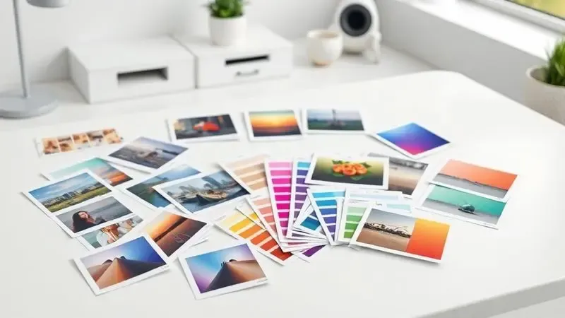 Renderização 3D de papéis impressos com cores vivas e gráficos nítidos dispostos sobre uma mesa de escritório moderna.