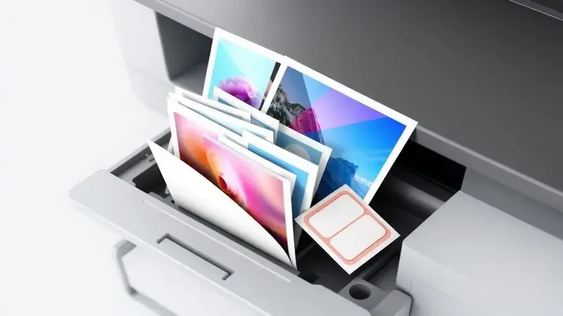 Exemplos de diversos tipos de impressões como fotografias coloridas, envelopes e etiquetas saindo da bandeja de saída.