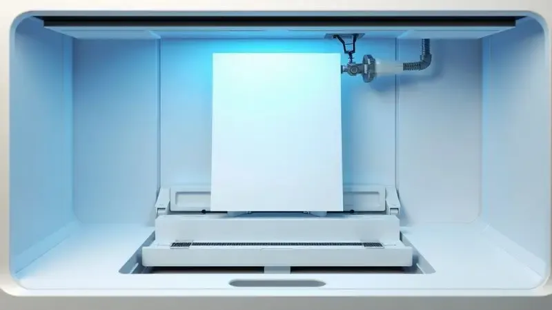 Ilustração 3D mostrando o conceito de impressão automática frente e verso de papel em uma impressora moderna.