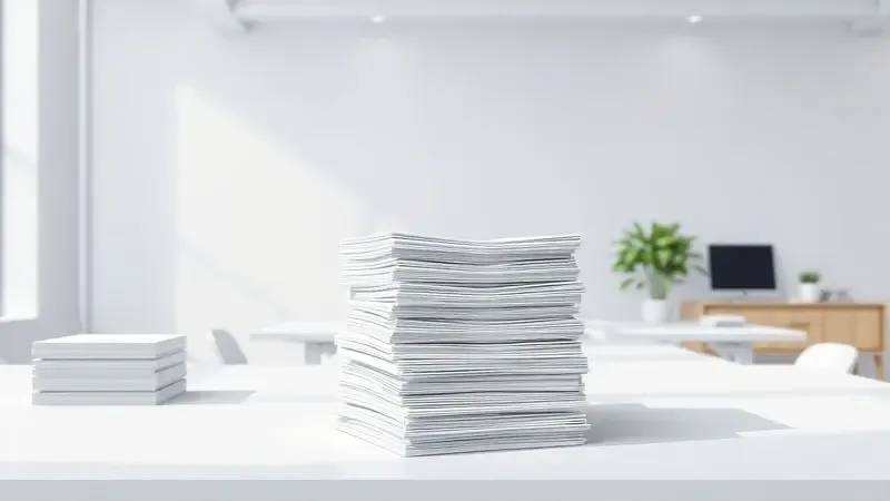 Cena conceitual de um escritório moderno com pilhas de documentos organizadas, simbolizando alta produtividade e volume de impressão.
