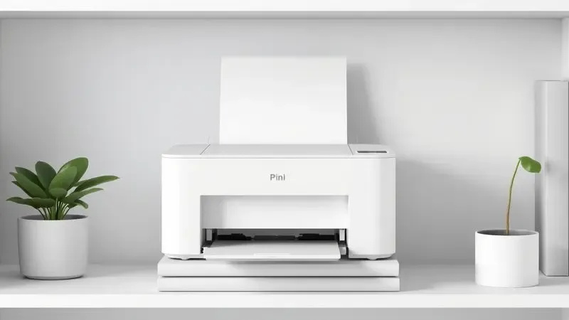 Renderização artística de uma impressora branca compacta e minimalista integrada à decoração de uma prateleira.