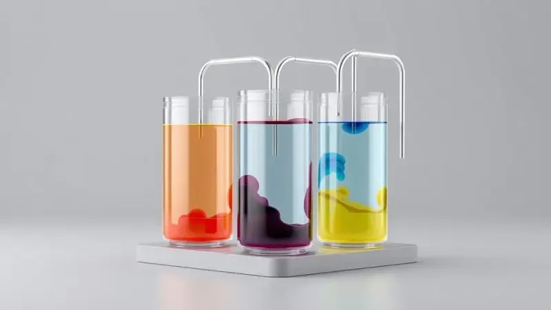 Renderização 3D conceitual mostrando tanques de tinta colorida de uma impressora econômica.