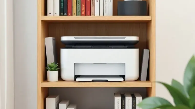 Representação visual de uma impressora compacta integrada de forma organizada a um pequeno espaço de trabalho doméstico.