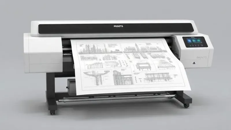 Ilustração 3D de uma impressora de grande formato produzindo um cartaz de alta qualidade.