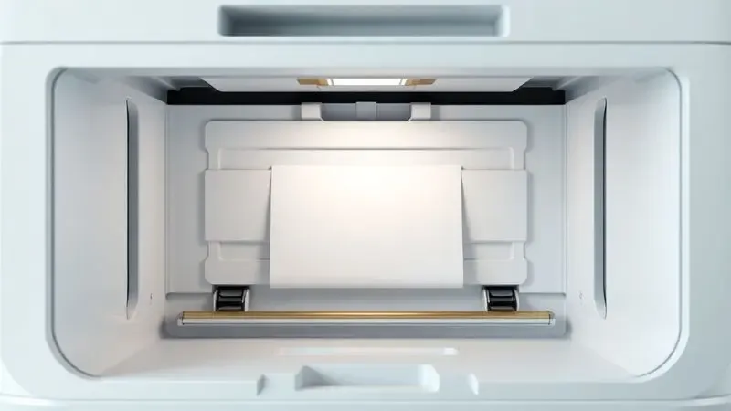 Ilustração 3D de um mecanismo de impressora genérica focado na entrada de papel de forma suave.