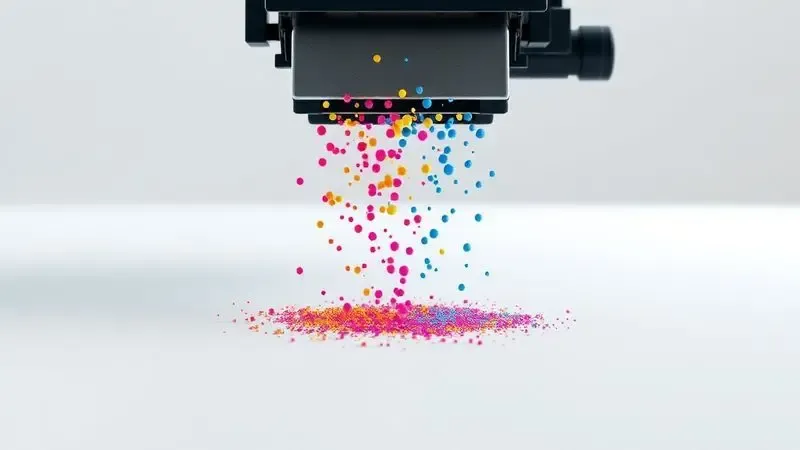 Ilustração 3D conceitual de uma cabeça de impressão expelindo microgotas de tinta colorida.