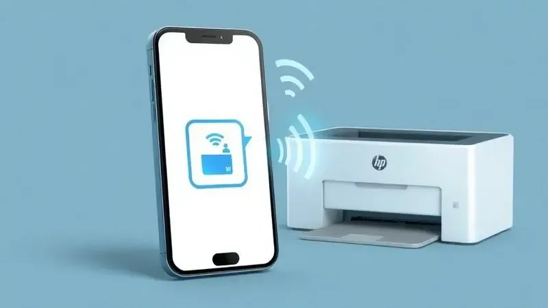 Ilustração de um smartphone enviando sinais de conexão sem fio para uma impressora moderna e minimalista.