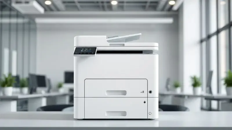 Renderização 3D de uma impressora a laser robusta e eficiente para uso em ambiente de escritório corporativo.