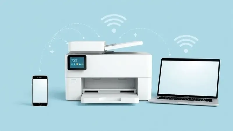 Ilustração artística de uma impressora laser conectada via Wi-Fi a dispositivos móveis em um escritório moderno.