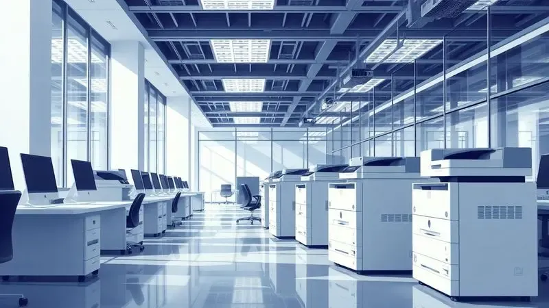 Ambiente de escritório corporativo moderno equipado com impressoras a laser para alta demanda de documentos.