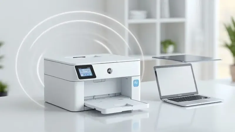 Ilustração 3D de uma impressora com conexão Wi-Fi integrada conectada a dispositivos móveis.