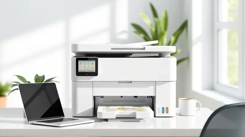 Ilustração de uma impressora multifuncional genérica em um ambiente de home office moderno, organizado e bem iluminado.