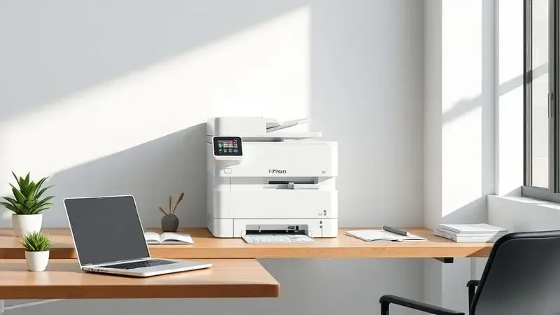 Impressora multifuncional integrada em ambiente de trabalho organizado e moderno