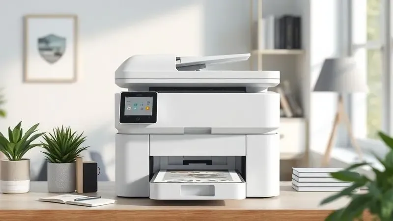 Conceito visual de impressora multifuncional moderna em ambiente de escritório doméstico organizado