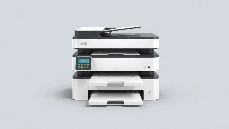 Representação artística de uma impressora multifuncional realizando diferentes tarefas como cópia e digitalização de forma simbólica.