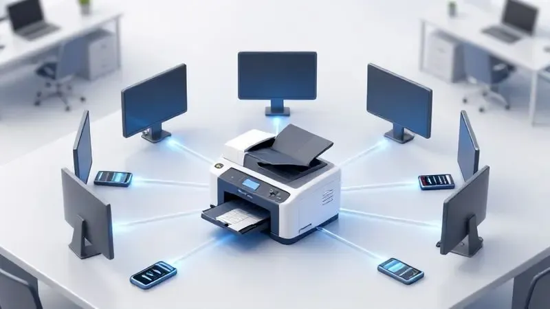 Conceito de impressora conectada em rede com múltiplos dispositivos em ambiente corporativo