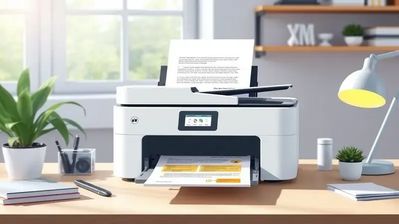 Ilustração digital de uma impressora residencial imprimindo um documento colorido em uma mesa de trabalho organizada.