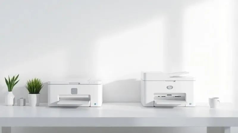 Ilustração conceitual que mostra a diferença entre impressora simples e multifuncional no ambiente de trabalho