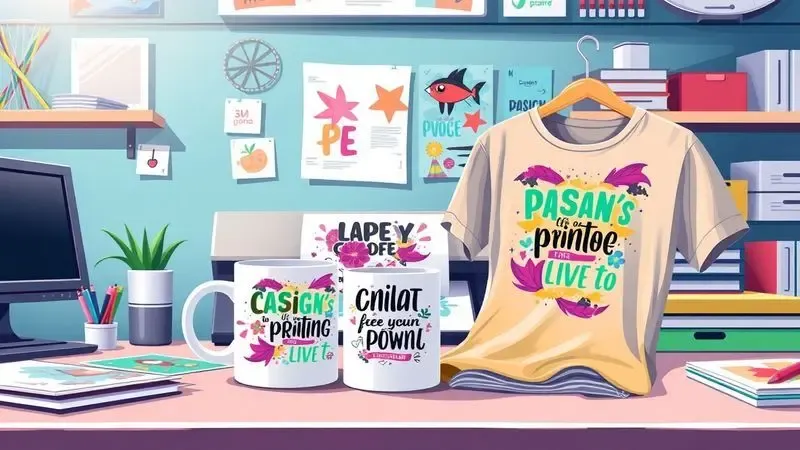 Espaço criativo com objetos personalizados como canecas e tecidos coloridos, ilustrando o uso para sublimação.