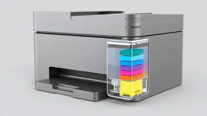 Renderização em 3D de uma impressora com reservatórios de tinta laterais visíveis, focando no sistema sem cartucho.
