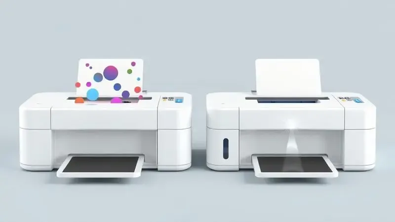 Representação artística em 3D comparando as tecnologias de impressão a jato de tinta e laser de forma conceitual e limpa.