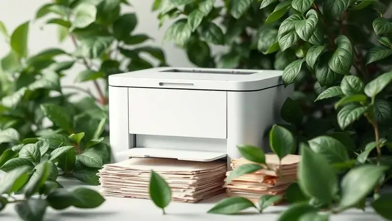 Renderização artística de uma impressora cercada por folhas verdes e papel reciclado para representar sustentabilidade e economia.