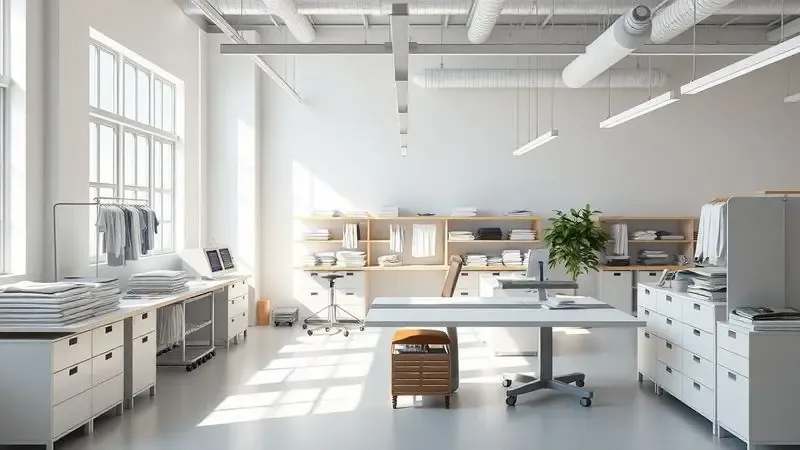 Visão artística de um ambiente de trabalho organizado e moderno focado na produção têxtil digital.