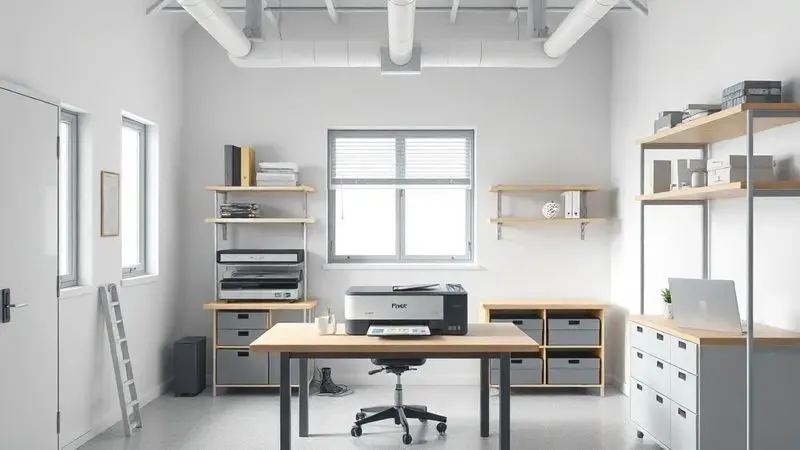 Layout de uma área de produção organizada para impressão DTF, destacando ventilação e organização do ambiente de trabalho.